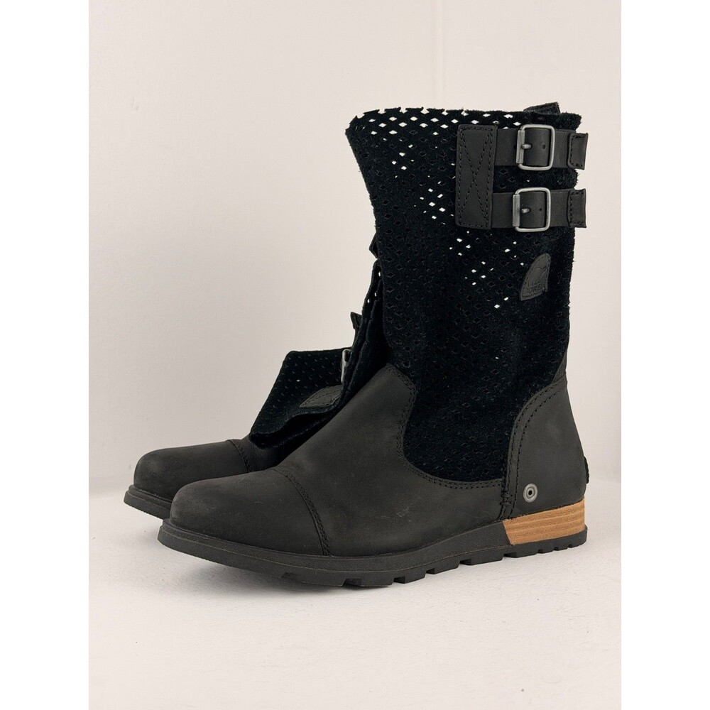 Sorel Women’s Black Leather Perforated Mid Calf Moto Boots Size 8 EU 39